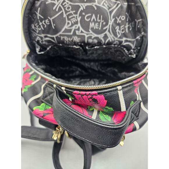 Betsey Johnson Women's Backpack‎ Purse Black Stripe Pink Floral Pockets - Picture 6 of 12